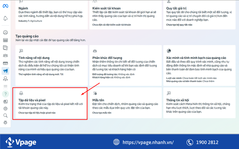 Tìm và truy cập vào “Tạo dữ liệu và pixel”